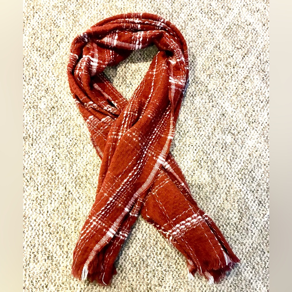 Acrylic red rust and white plaid winter scarf